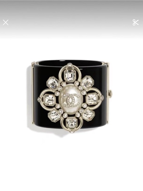 CHANEL Accessories - CHANEL Black Resin Cuff with Pearl and Crystal Emblem